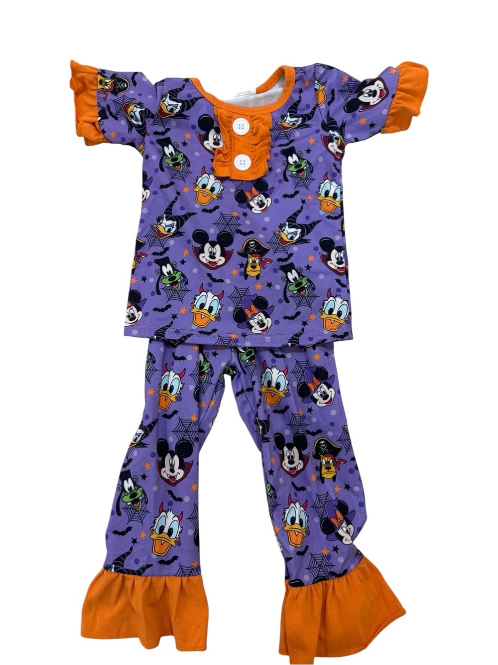 Purple Halloween Character Ruffle Kids Pajama Set - Orange Accents Mickey Mouse,